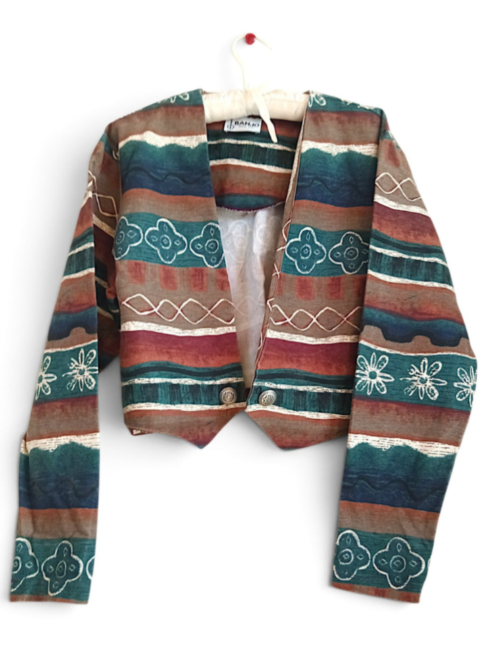 Vintage Banjo Cropped tapestry Jacket striped Brown Teal southwest 90s Cowgirl